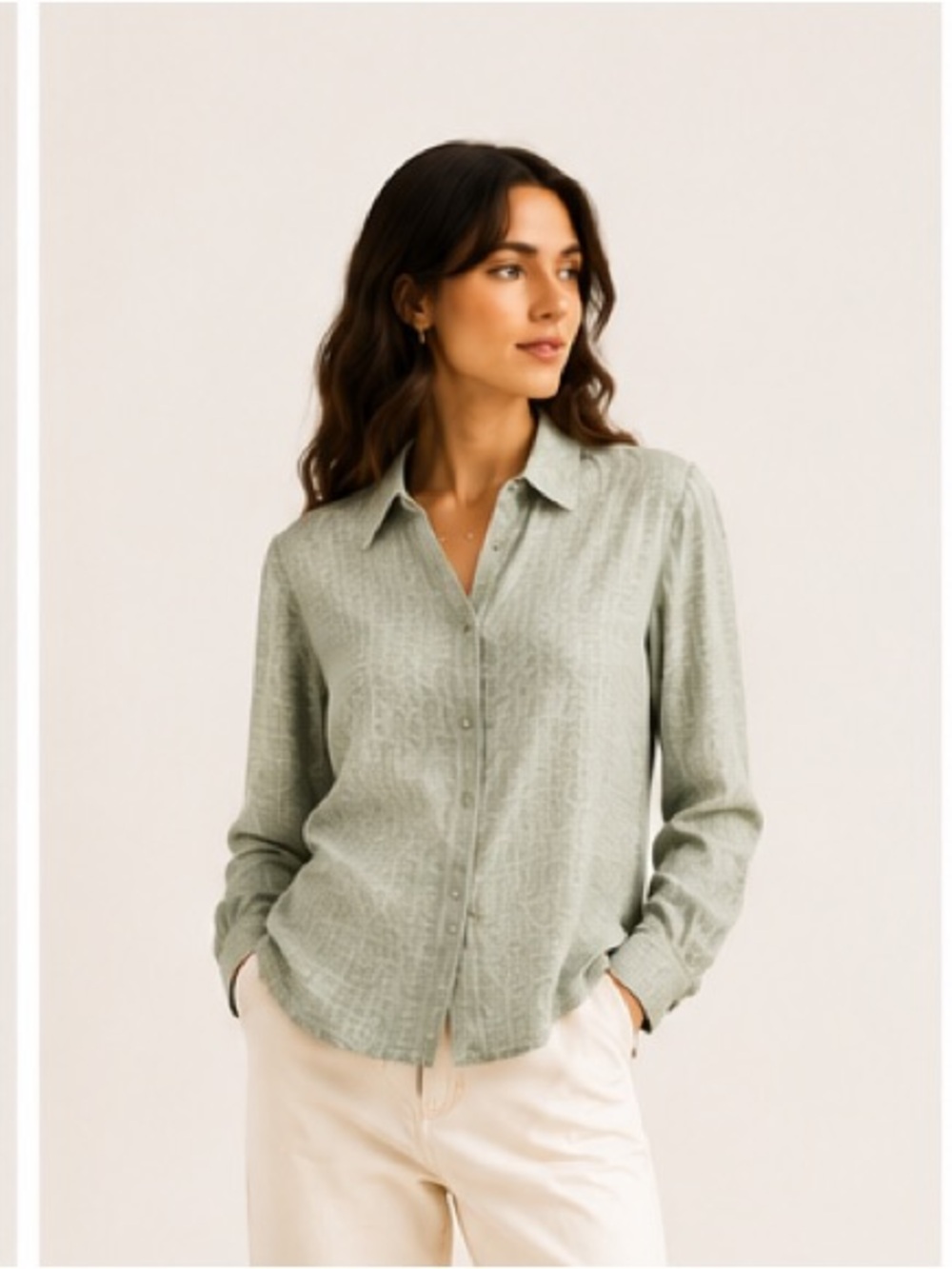 Vintage 100% Silk Blouse Gentle Sage Moss Green window pane print Size 6 8